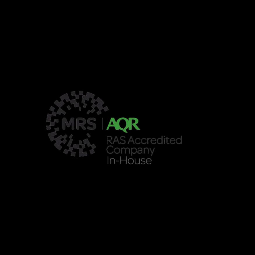 RAS Accredited logo with 'MRS' and 'AQR' text in the center of a circular pattern of small squares