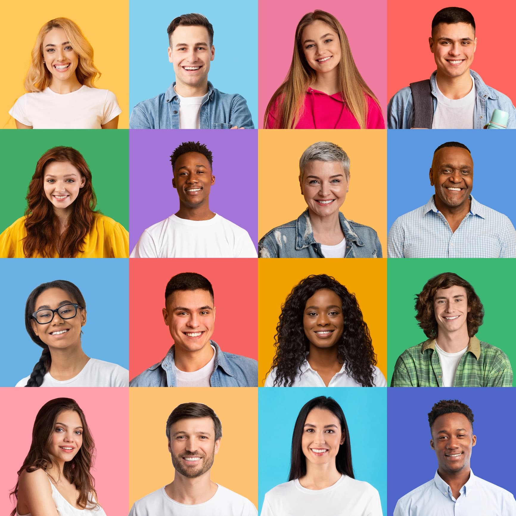 Collage of 16 diverse, smiling individuals, each in a colourful square background.